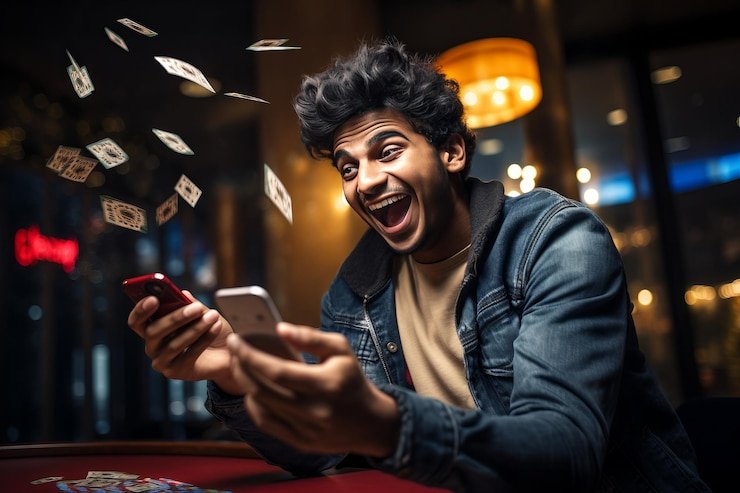 স্মার্টফোনে লাইভ ক্যাসিনো গেম খেলার দৃশ্য